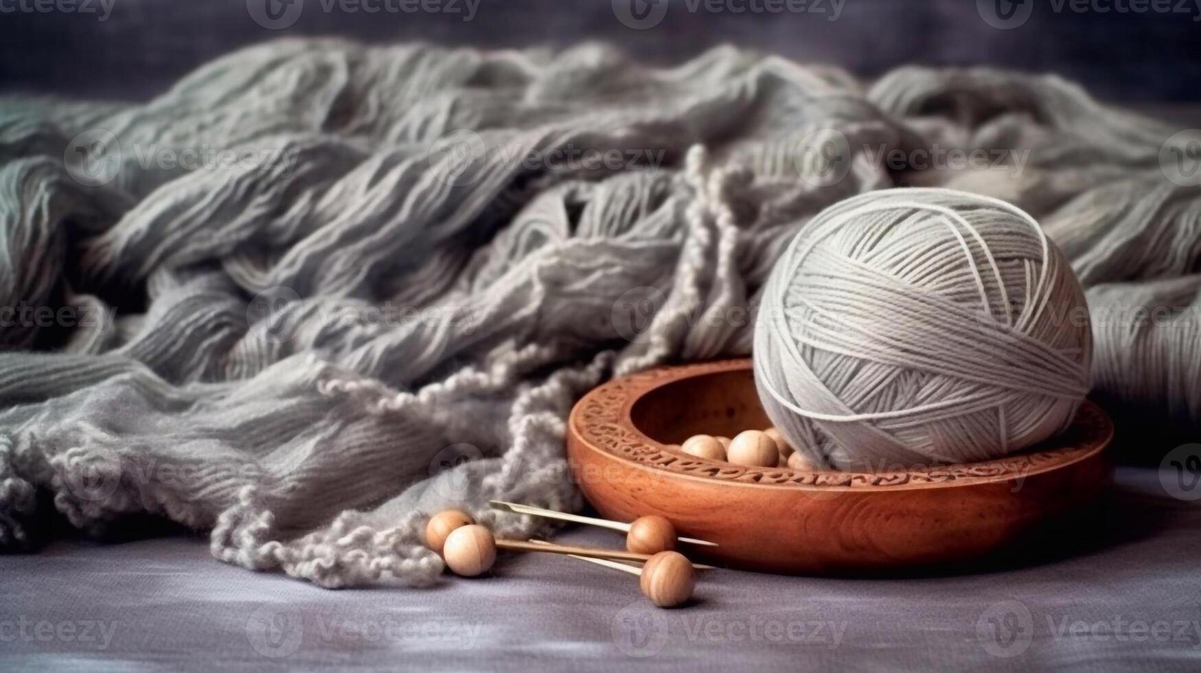 knitting by hands, on a soft gray background, tenderness, thick thread, in vintage style. photo