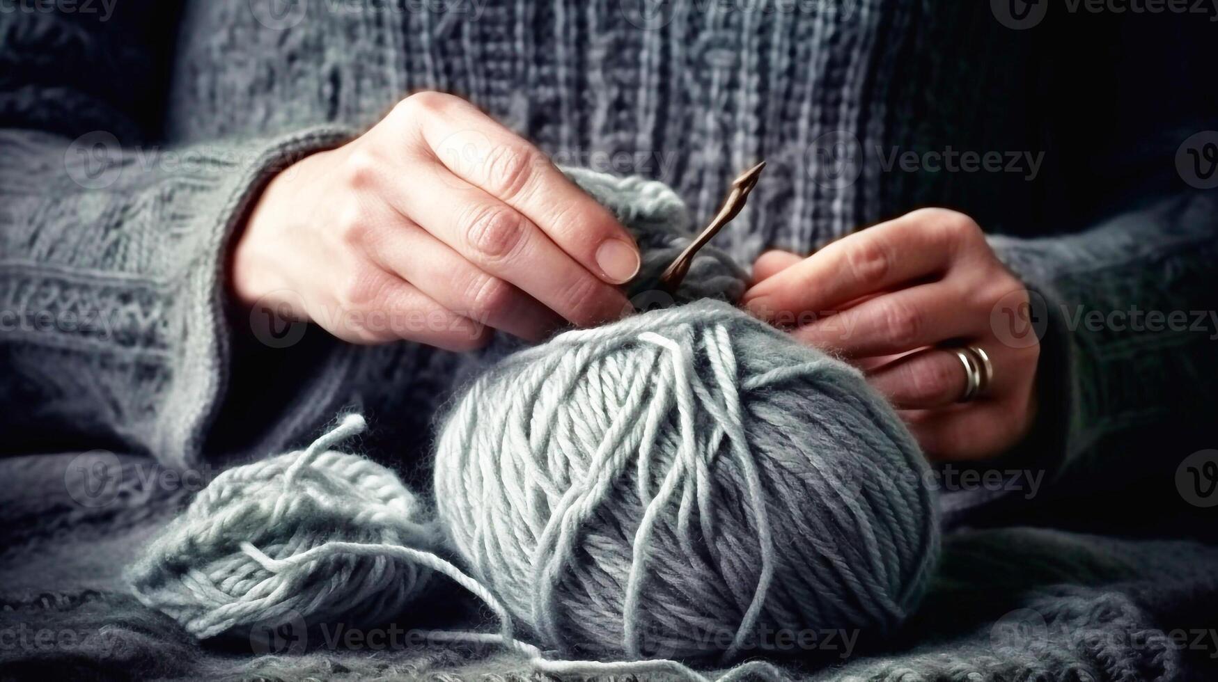 knitting by hands, on a soft gray background, tenderness, thick thread, in vintage style. photo