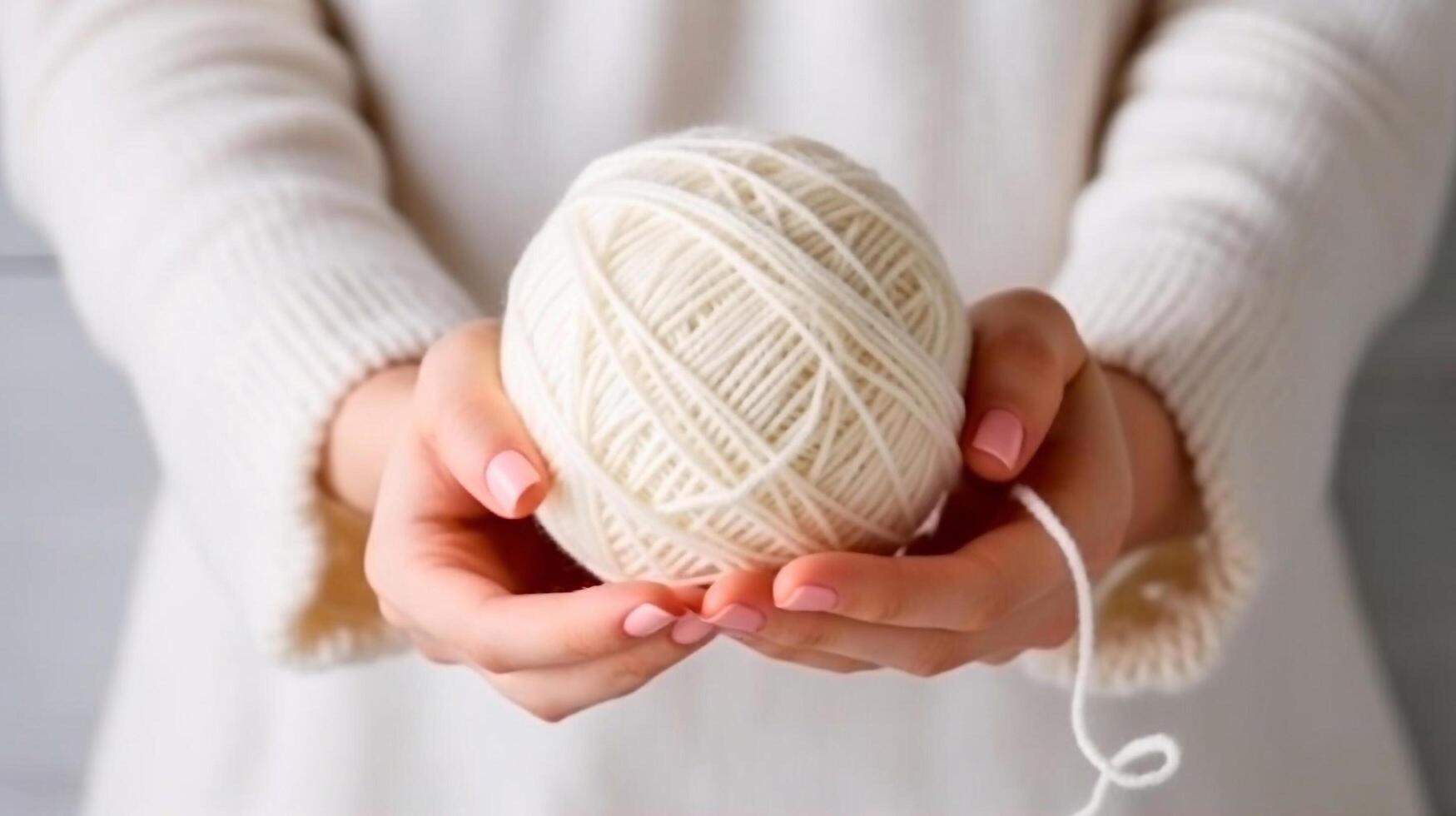 Women's hands BEAUTIFUL close-up, knitting for a newborn, crochet. top view on soft creamy white background.AI generated photo