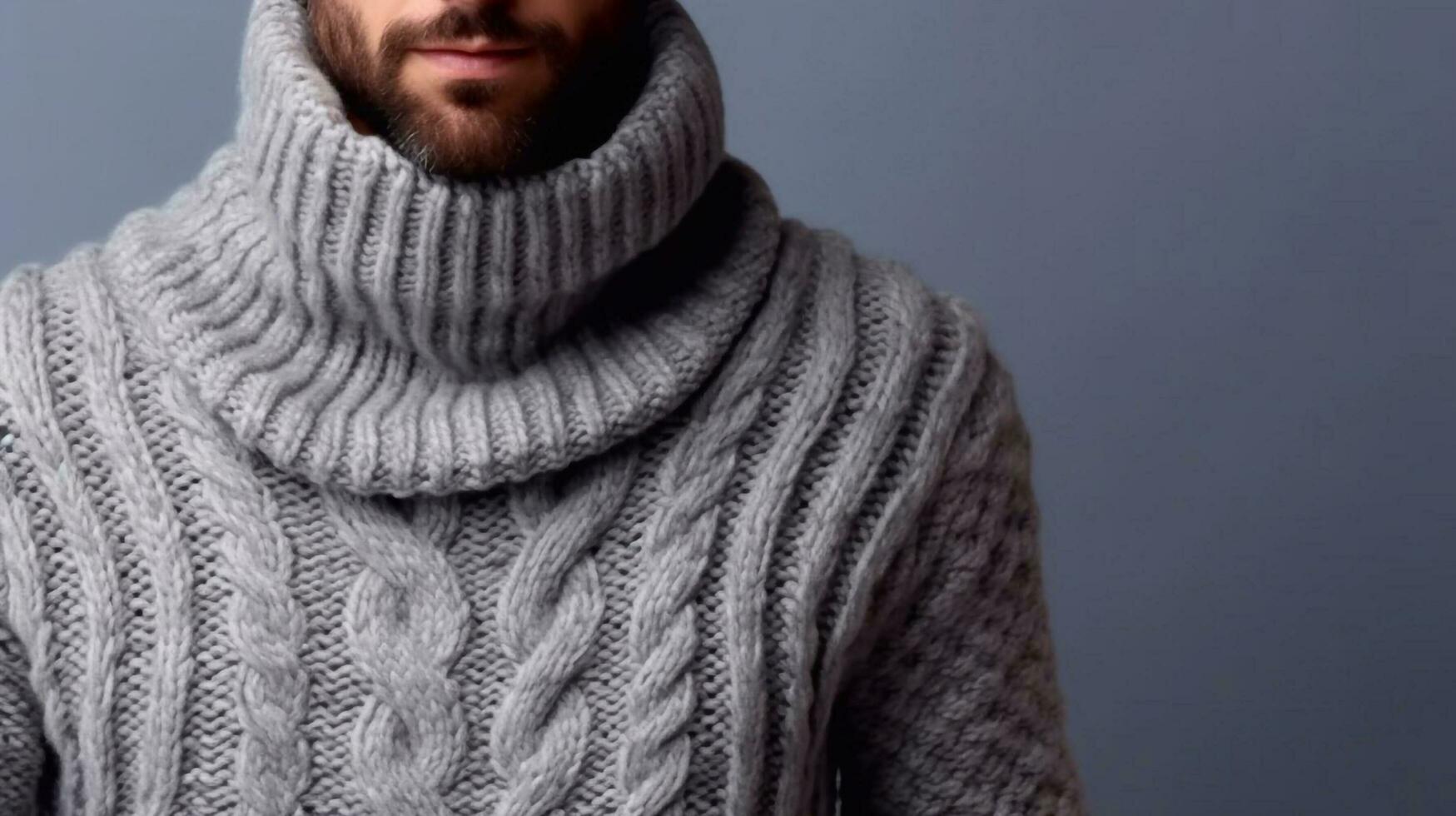 un hombre en un de punto suéter en un suave gris antecedentes. tejido de punto y ganchillo costura.ai generado foto