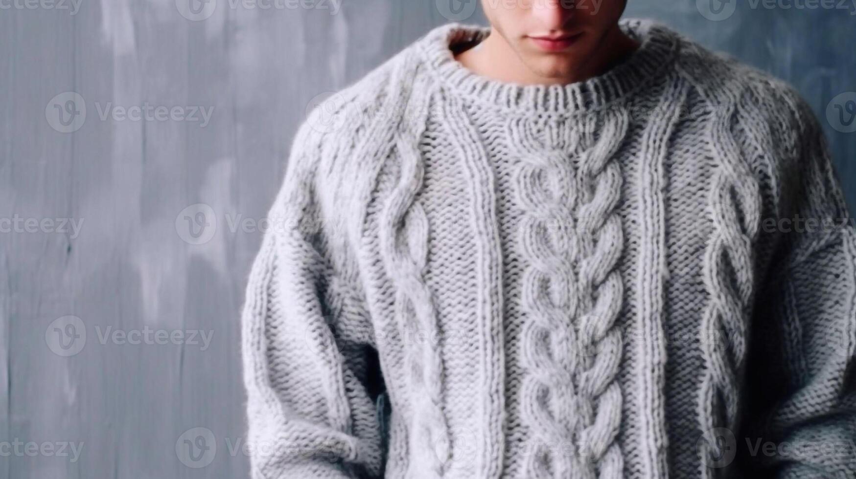 A man in a knitted sweater on a soft gray background. Knitting and crocheting. Needlework. photo