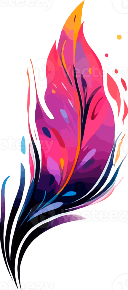 Watercolor bright feather in neon colors. Bright feather of a firebird or peacock. png