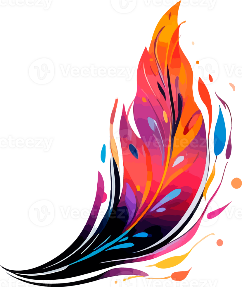 Watercolor bright feather in neon colors. Bright feather of a firebird or peacock. png