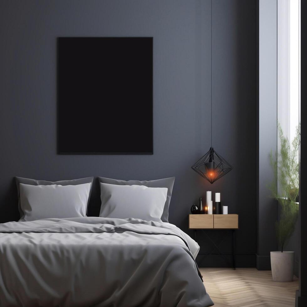 Generative AI.Black frame in comfortable bedroom interior mockup empty. photo