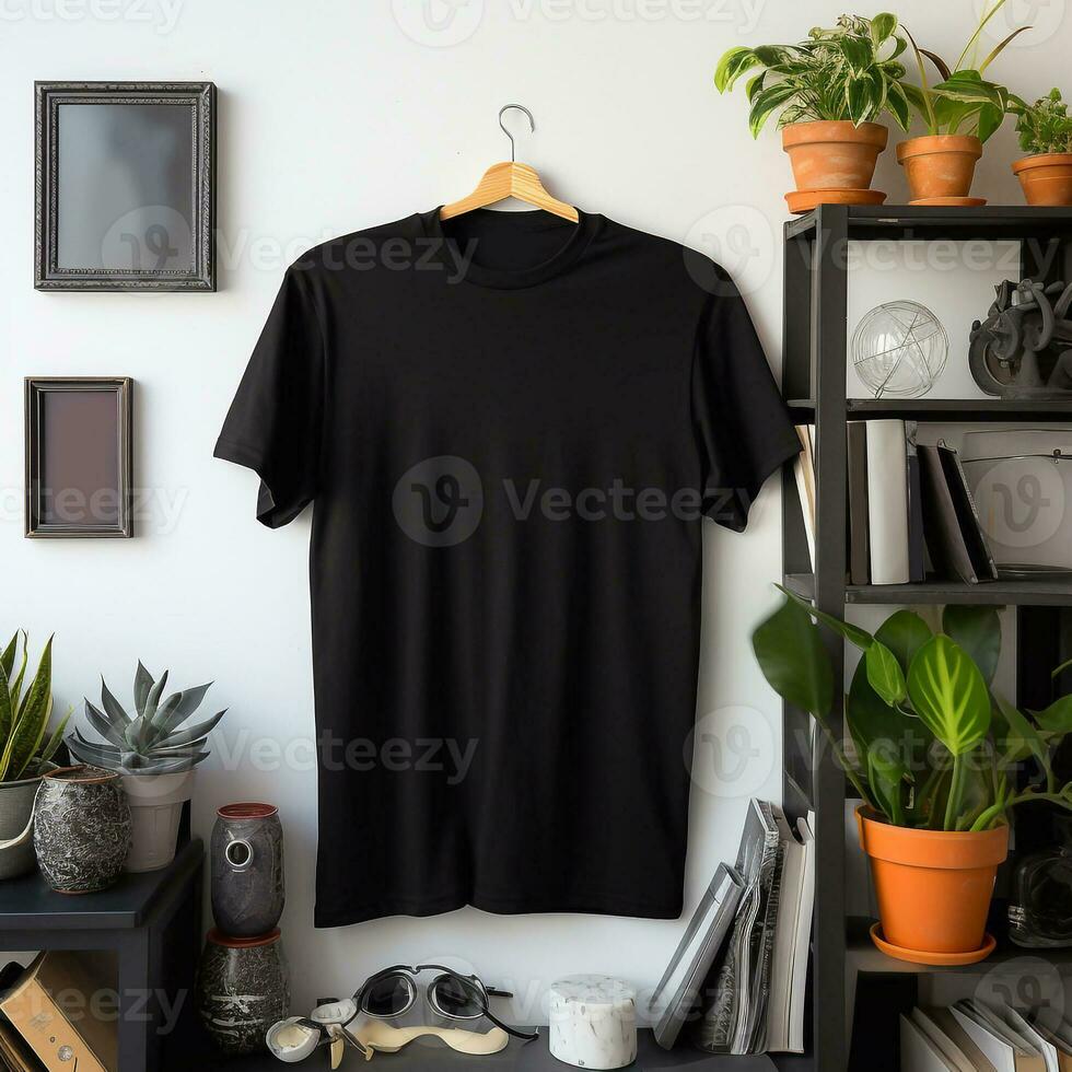 Generative AI.Empty black t-shirt mockup on a hanger in the room, front view. photo