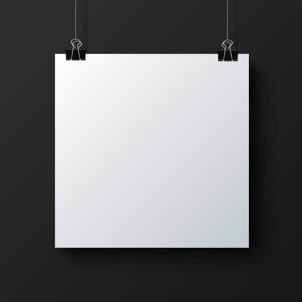 White blank square paper poster on the light grey background, vector mockup illustration