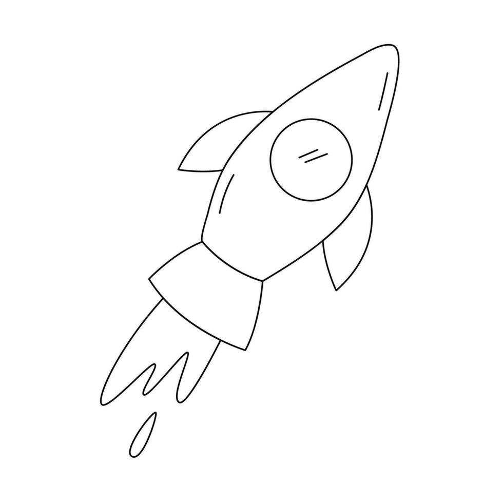 Concept of product development, project launching, startup, success. Monochrome flying spaceship, spacecraft, shuttle, moon rocket icon. Vector line art illustration isolated on white background.
