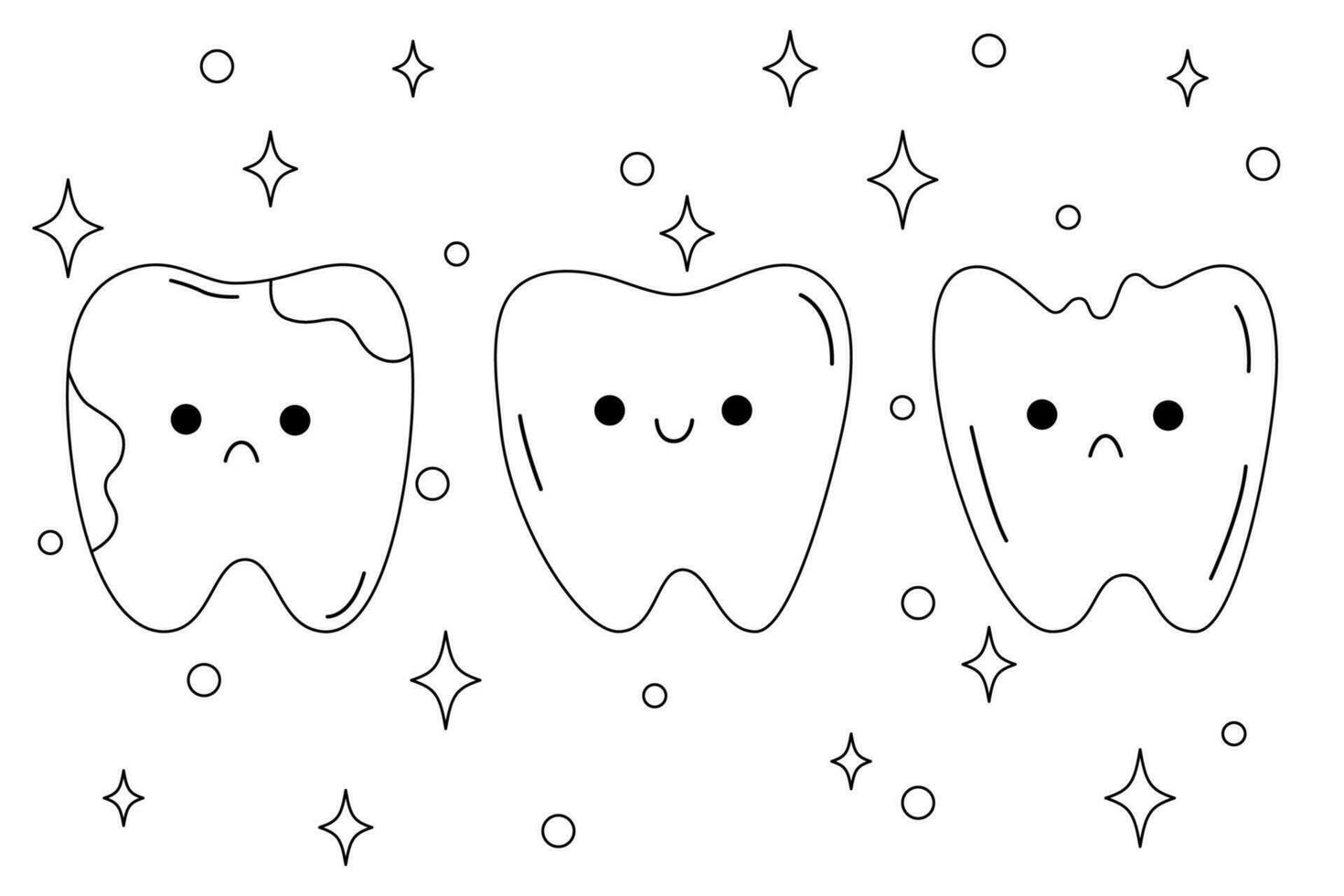 Cute teeth characters with emotion. Smiling, sad tooth and sparkles. The concept of brushing teeth. Child character for dentistry. Vector illustration in cartoon doodle style.