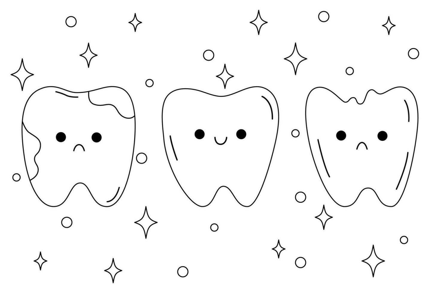 linda dientes caracteres con emoción. sonriente, triste diente y destellos el concepto de cepillado dientes. niño personaje para odontología. vector ilustración en dibujos animados garabatear estilo.