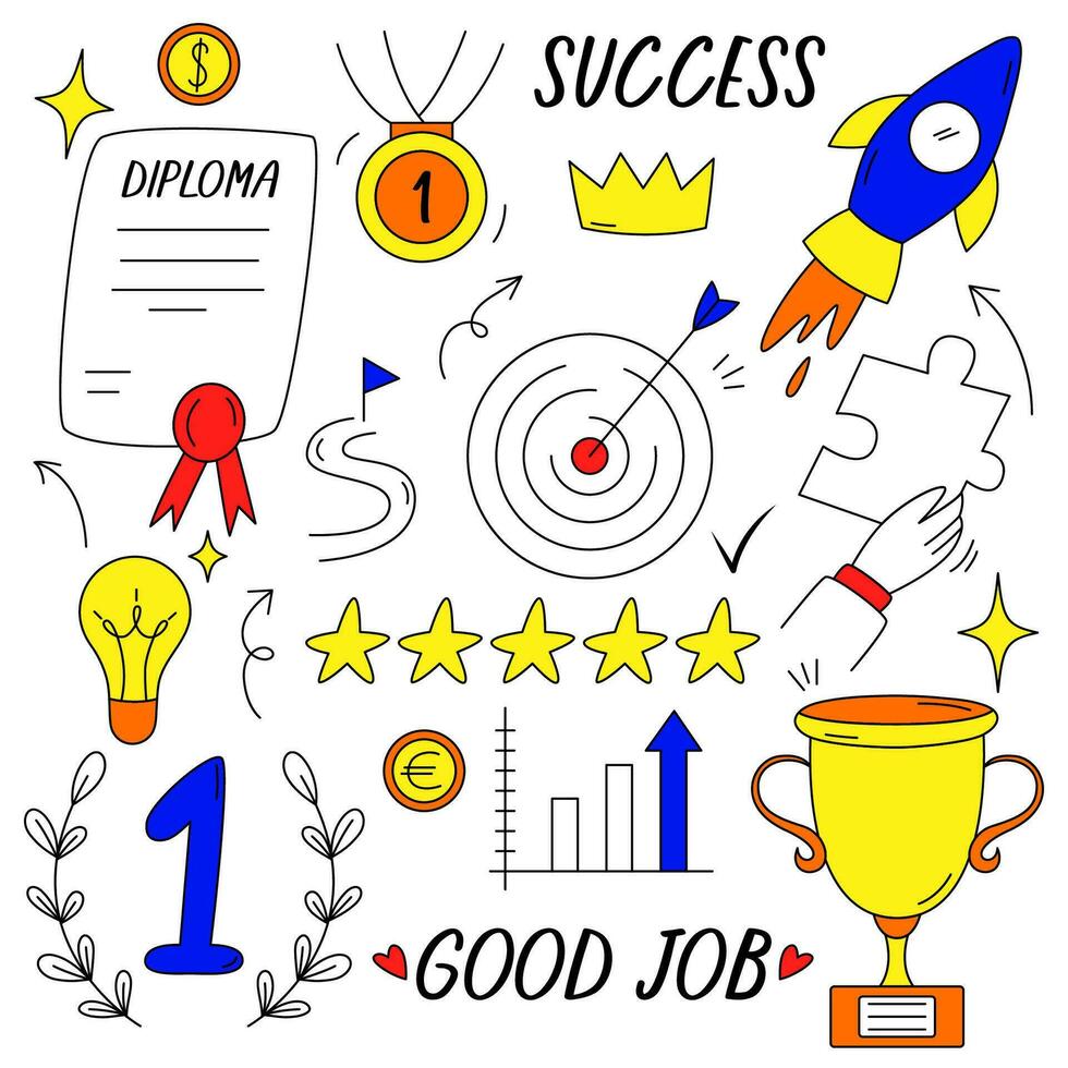 Hand draw doodles illustration set in concept of brain, thinking, business solution, method, strategy, object, opportunity, success, idea. Sketching or drawing style. Vector cartoon illustration.