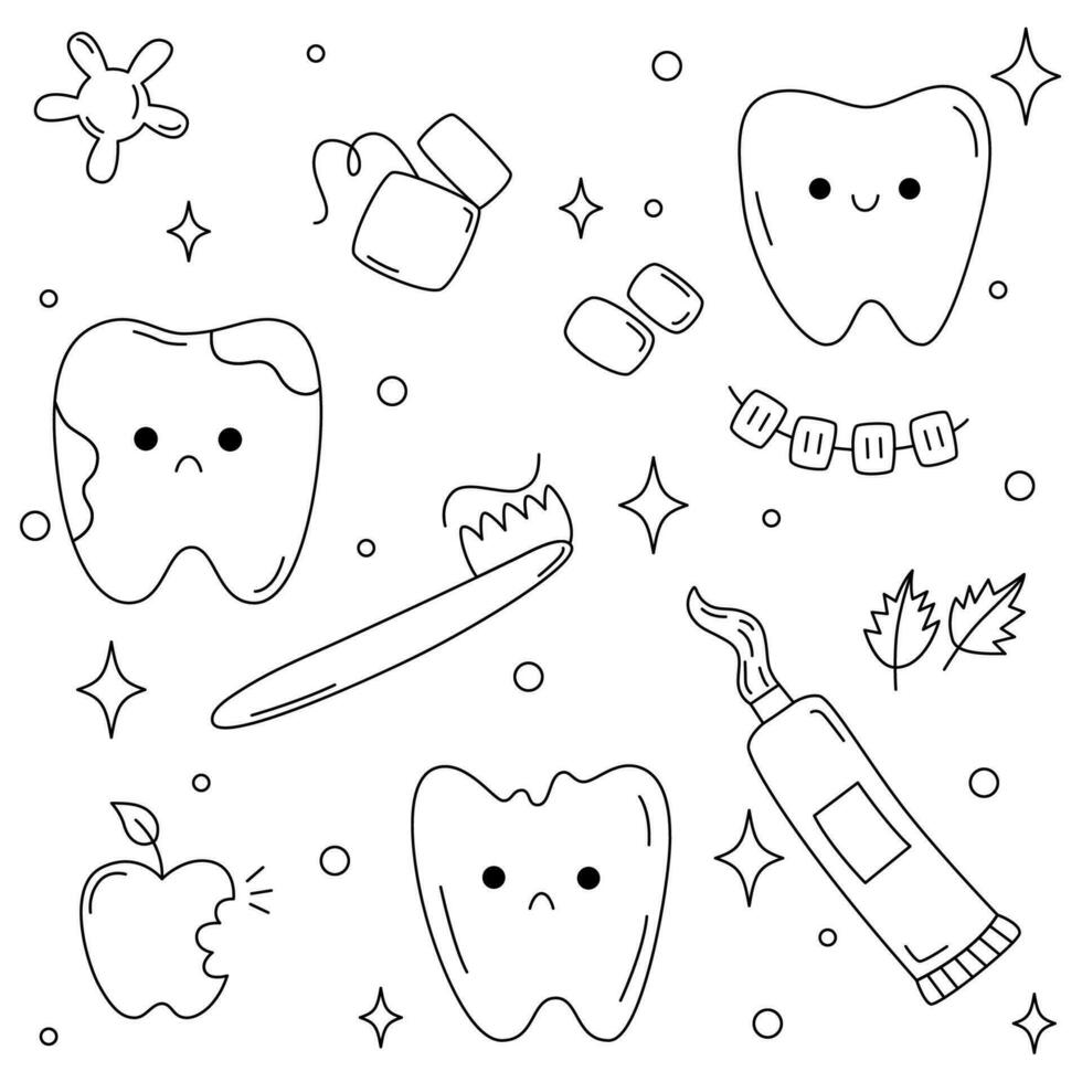 Dentistry doodle set of icons Children dental care. Cute tooth character set with different emotions. Toothbrush, toothpaste, tooth. Vector cartoon illustration.