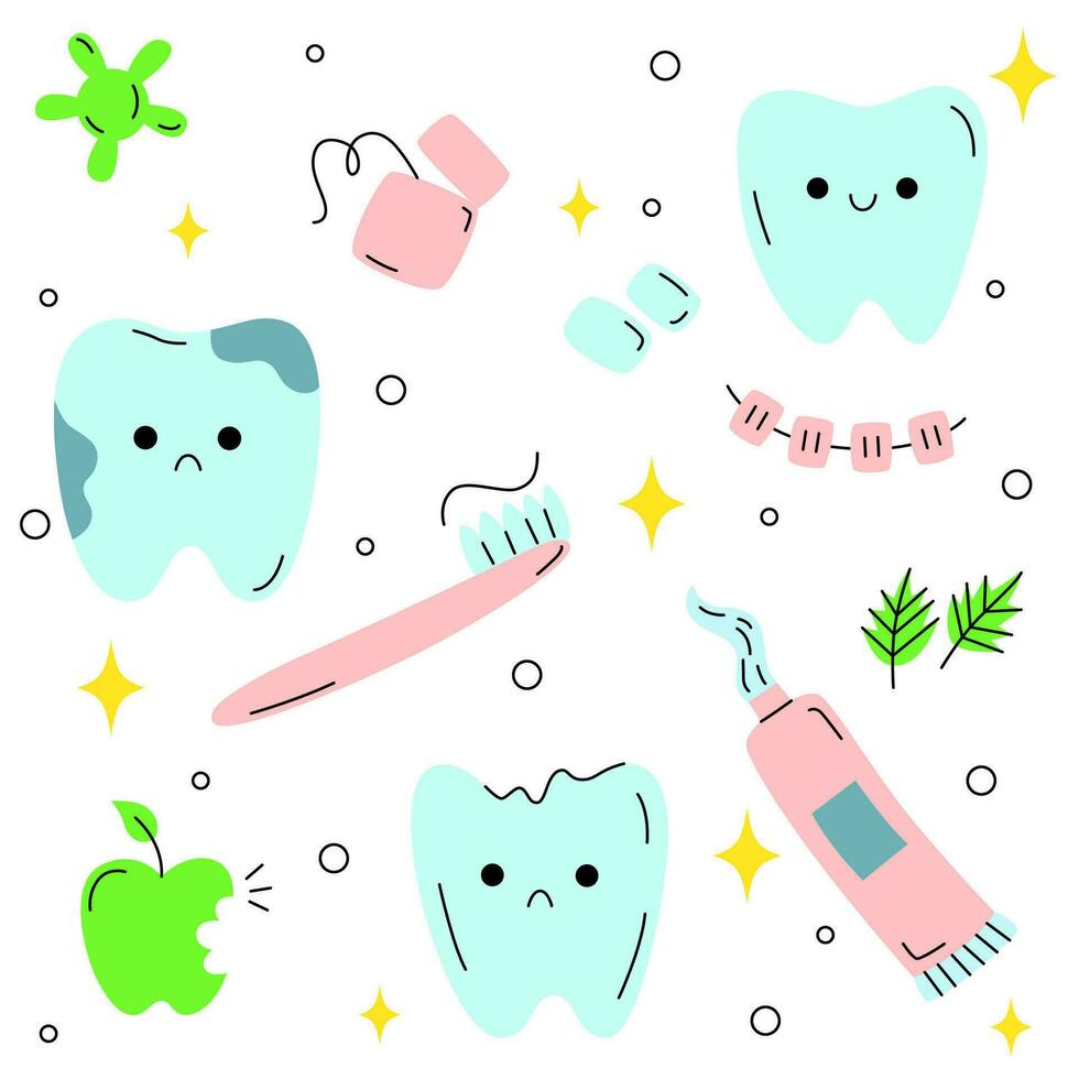 Cute doodle set teeth and toothbrush, toothpaste, dental floss. Teeth characters with different emotions. Smiling and sad mascot for oral hygiene, dental treatment. vector