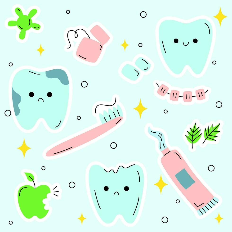 Cute doodle set teeth and toothbrush, toothpaste, dental floss. Teeth characters with different emotions. Smiling and sad mascot for oral hygiene, dental treatment. vector