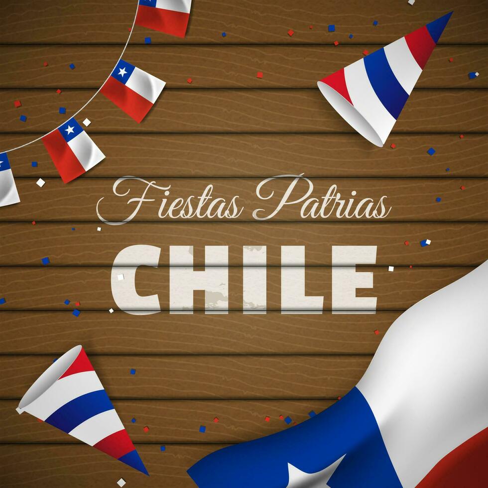 Decorative Chilean National Holiday Celebration Greeting with Spanish Phrase Text Fiestas Patrias Chile on Wooden Background vector