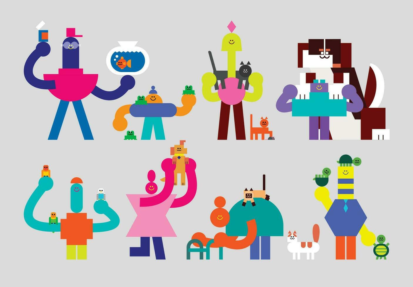 Set of Pet Owner Humanoids Flat Geometric Character Design vector
