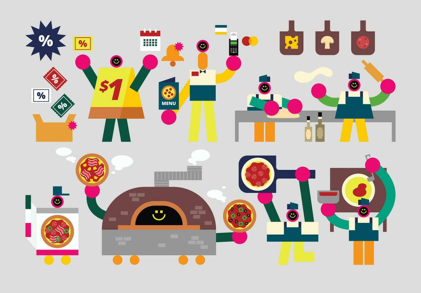 conjunto de parte temporizadores humanoides en Pizza restaurante plano geométrico personaje diseño vector