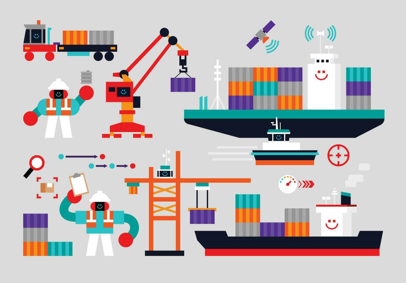 Set of Cargo Shipping Humanoids Flat Geometric Character Design vector