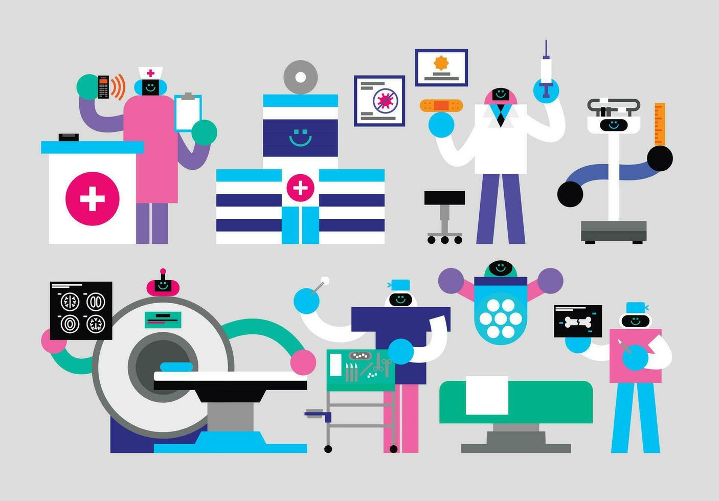 Set of Hospital Humanoids Flat Geometric Character Design vector