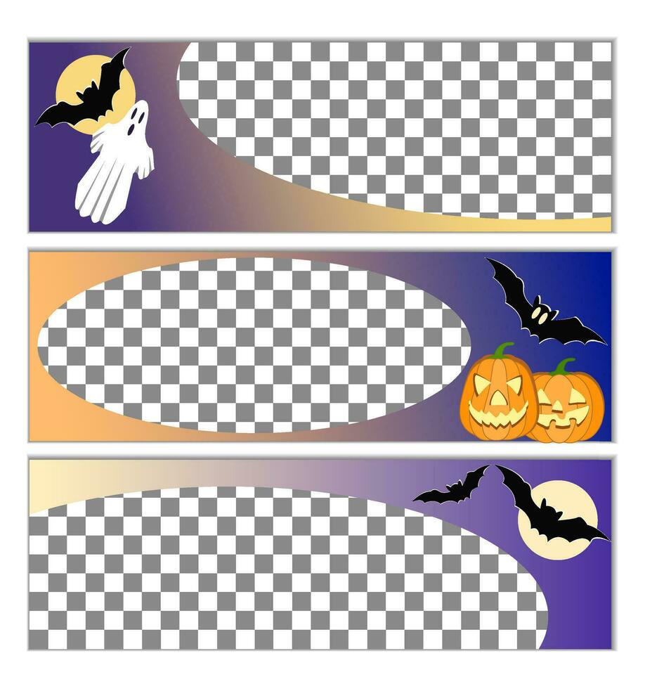 Set of horizontal simple wide banners in Halloween style with holiday attributes - bats, pumpkin lanterns and ghosts. Layout, mockup, template for sale and advertising with place for text, copy space vector