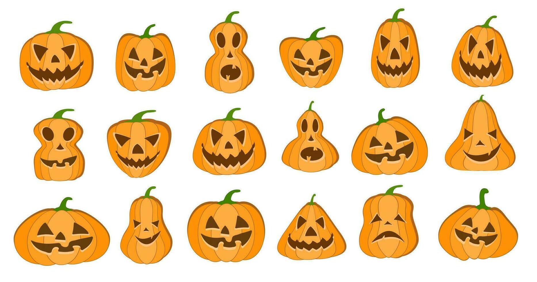 Halloween pumpkin lantern vector 18 icons set, Emotion Variation. Simple flat style design elements. Set of silhouette spooky horror images of pumpkins. Scary Jack-o-lantern facial expressions