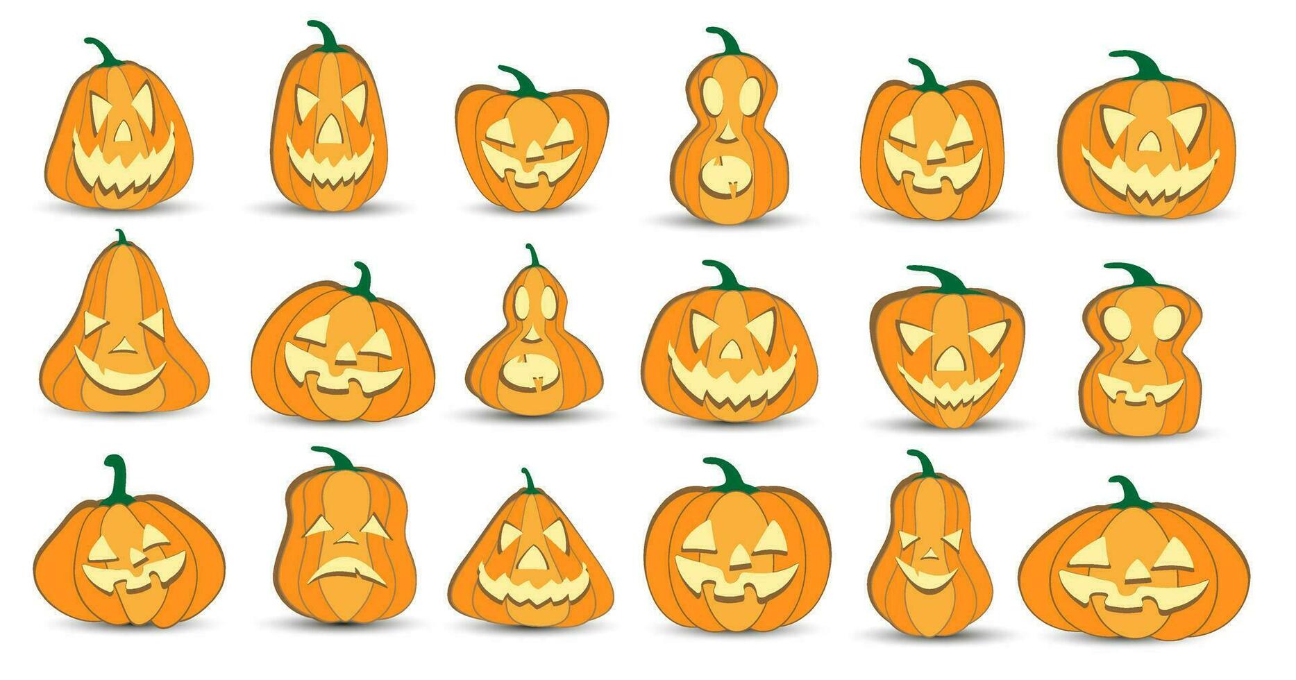 Víspera de Todos los Santos calabaza linterna vector 18 íconos colocar, emoción variación. sencillo plano estilo diseño elementos. conjunto de silueta escalofriante horror imágenes de calabazas de miedo Jack-o-lantern facial expresiones