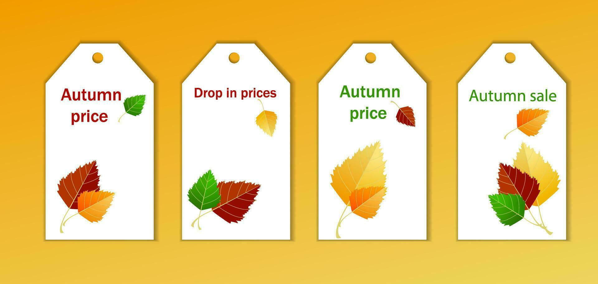 conjunto de etiquetas para tiendas y supermercados, para bienes, el concepto de otoño descuentos, precio caer, otoño hoja caer. conjunto de rebaja etiquetas y etiquetas, modelo compras etiquetas. precio etiquetas en papel. vector