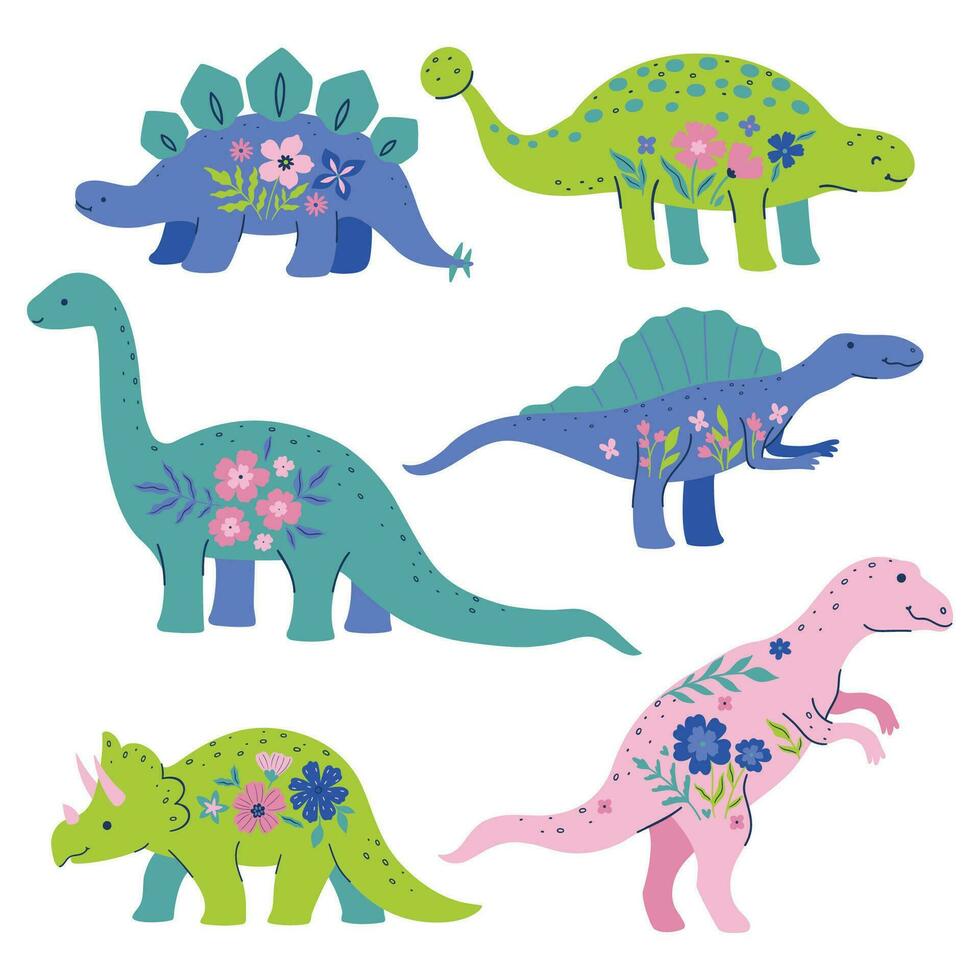 Set of cute floral dinosaurs isolated on a white background. Vector graphics.
