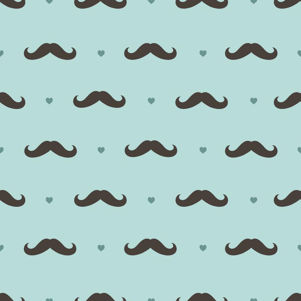 Seamless pattern with mustaches and hearts on a blue background. Vector graphics.