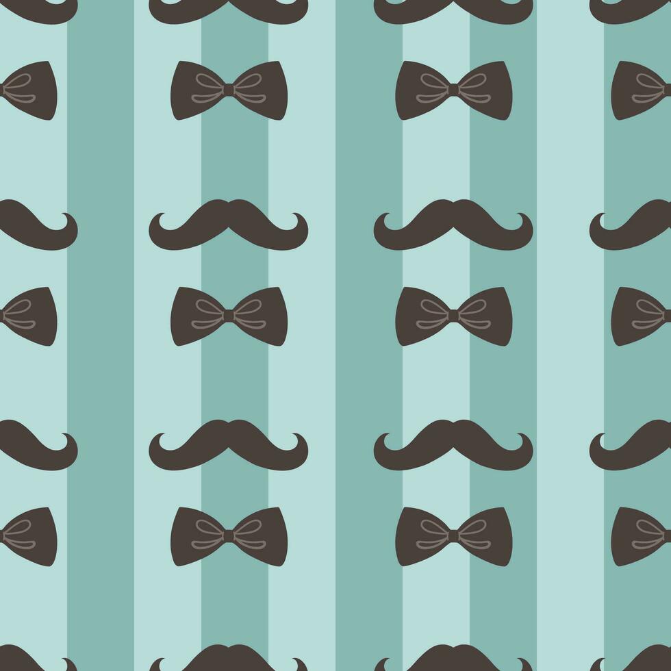 Seamless striped pattern with mustaches and bow ties. Vector graphics.