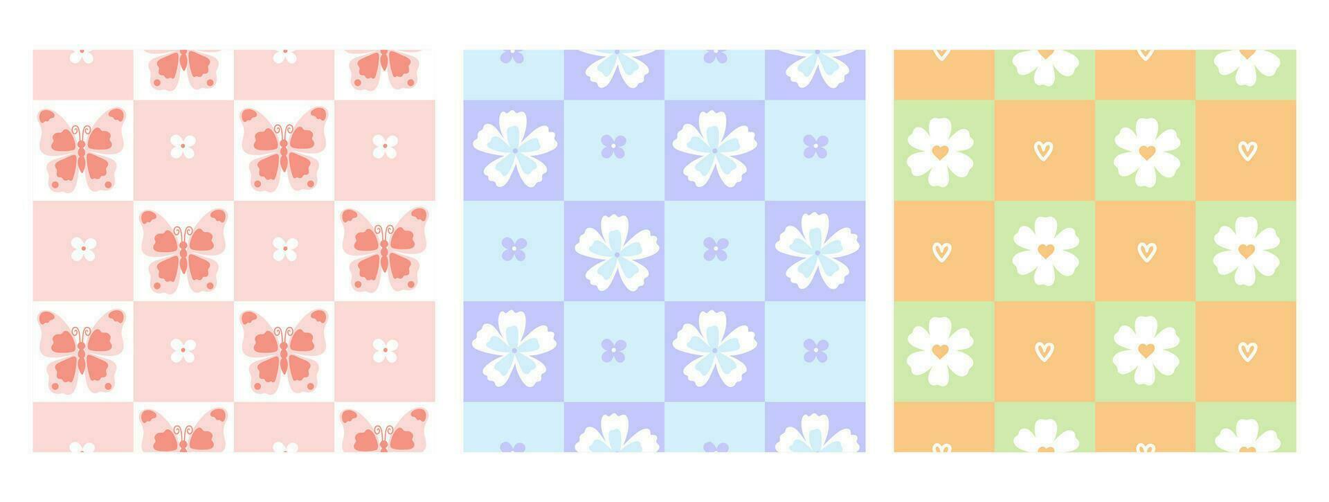 Set of cute checkered seamless patterns with flowers and butterflies in pastel colors. Vector graphics.