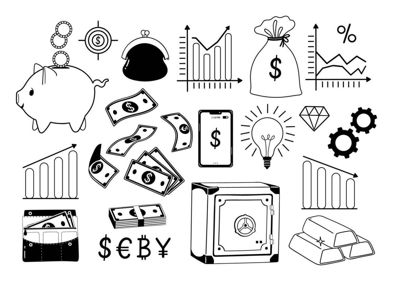 Set of items and elements related to money and banking. Vector graphics.