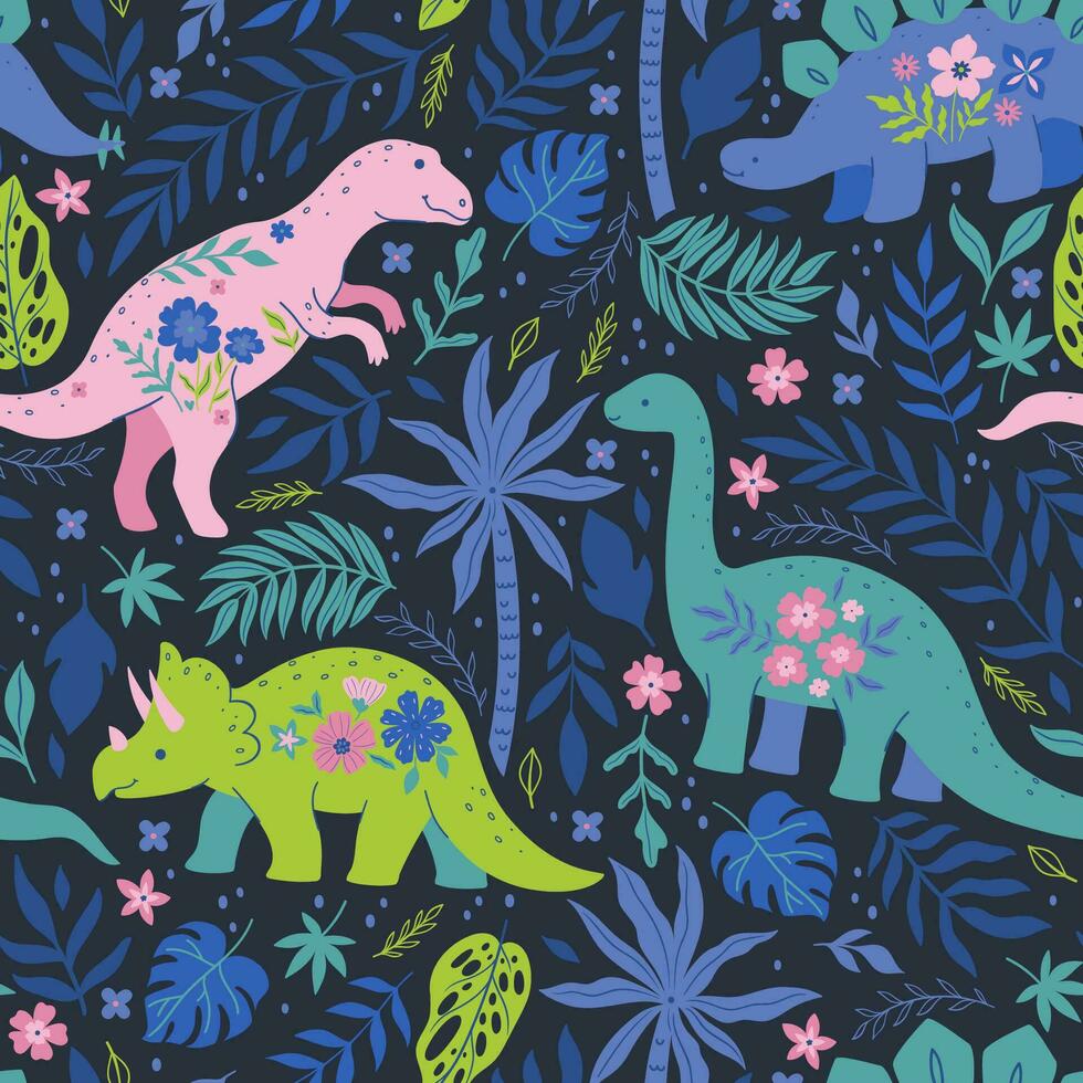 Seamless pattern with flower dinosaurs and leaves. Vector graphics.