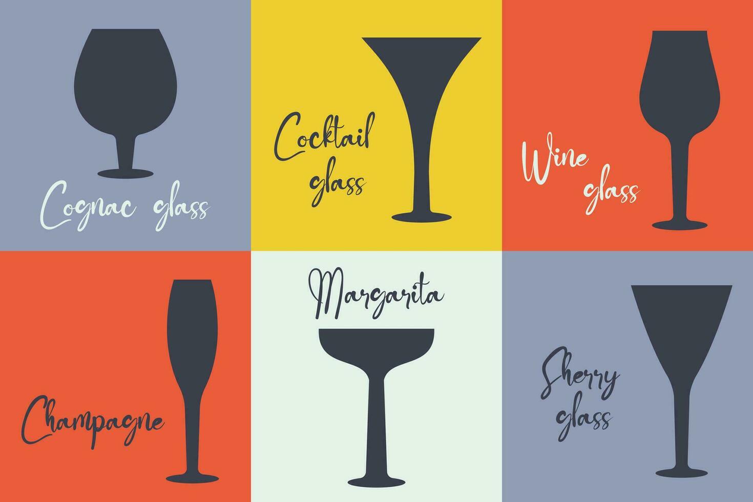 conjunto de moderno color tarjetas con lentes para alcohol bebida, cóctel vaso y texto. cristalería de diferente formas para champán, brandy, whisky, coñac, Puerto vino, Ginebra. vector plano ilustración