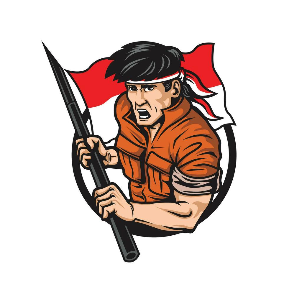 a warrior man carrying the Indonesian flag. shouted with enthusiasm to defend Indonesia. Indonesian Independence day vector