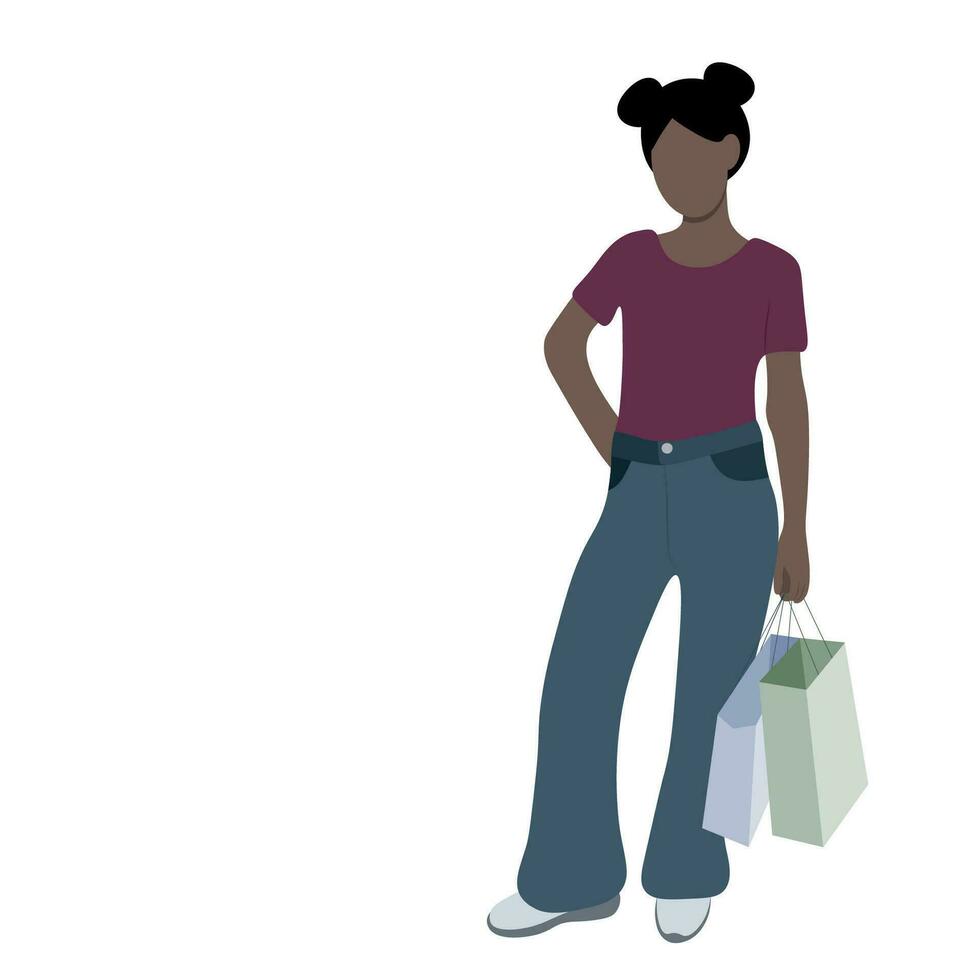 Full length portrait of a girl with dark skin with packages in her hand, isolated on white, shopping, faceless illustration vector