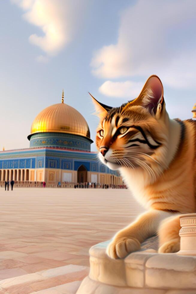 realistic image of al aqsa mosque and cat photo