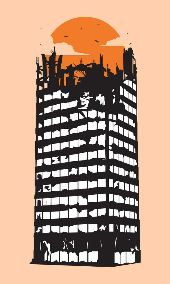 silhouette of destroyed tall building vector