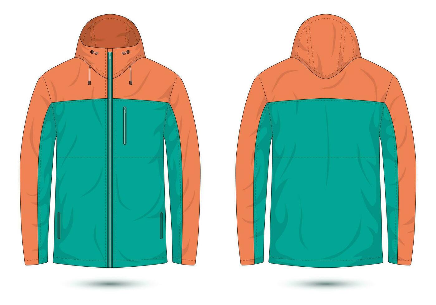 hooded mountain jacket front and back view. vector illustration