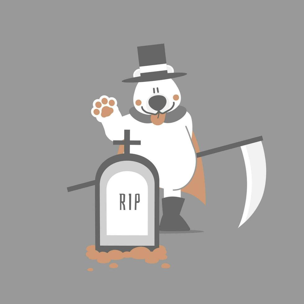 happy halloween with polar bear, scythe and tombstone, flat vector illustration cartoon character design