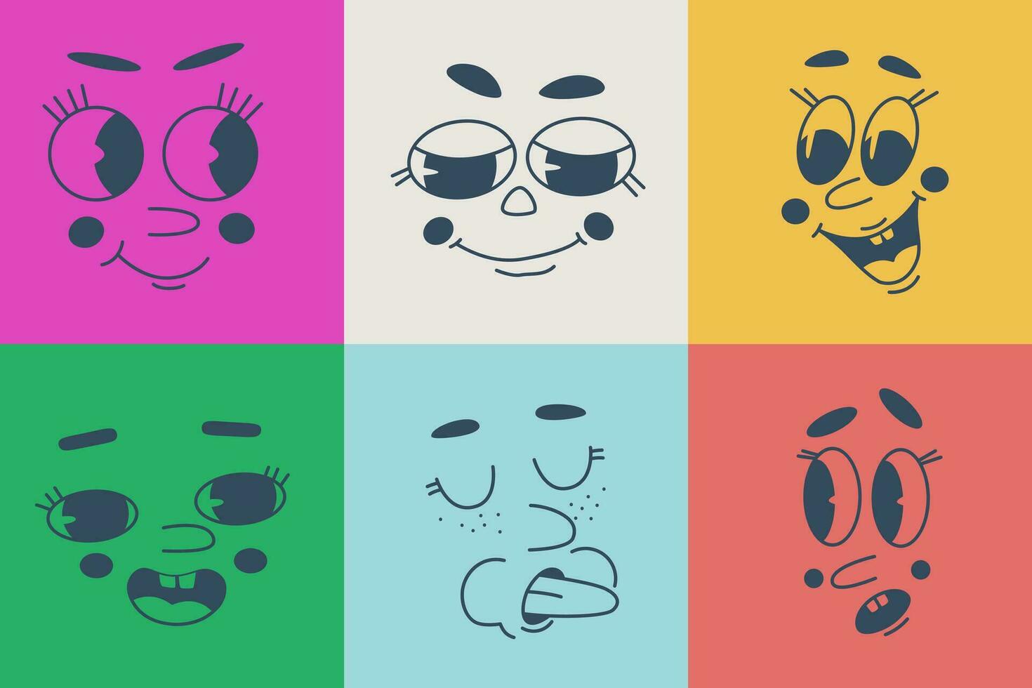 Set of funny cartoon faces with different emotions. Vector isolated graphic for design.
