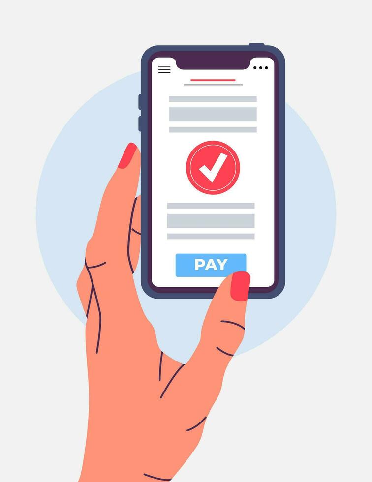 Payment done vertical template for social media. Hand holding phone with shopping page. Modern hand drawn flat illustration. Sale poster for web and print. Discount and special offer concept. vector