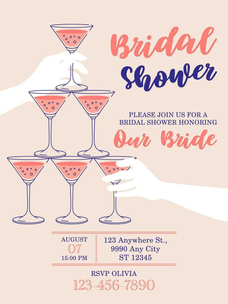 Bridal shower pink invitation card design. Illustration with champagne pyramid with bubbles, vector. Bubbles of sparkling wine, wedding concept. Event, party, presentation, promotion, menu. vector