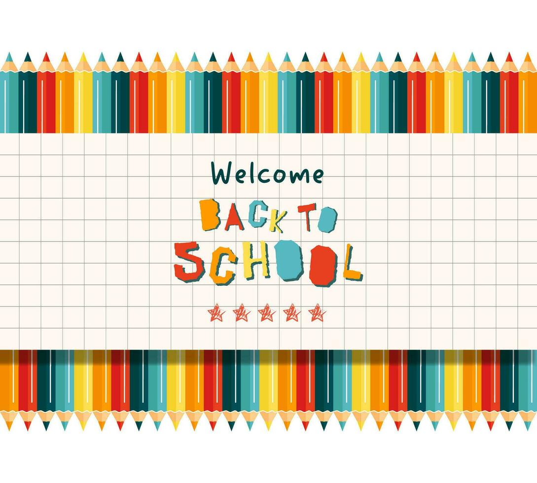 Back to school background banner concept. Modern illustration of colorful pencils with a checkered paper and text. Student, pupil. Trendy vector illustration for card, web banner design.