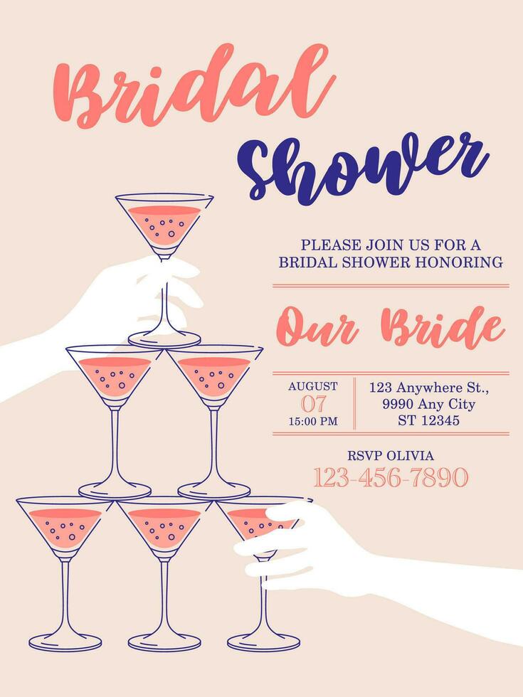 Bridal shower pink invitation card design. Illustration with champagne pyramid with bubbles, vector. Bubbles of sparkling wine, wedding concept. Event, party, presentation, promotion, menu. vector