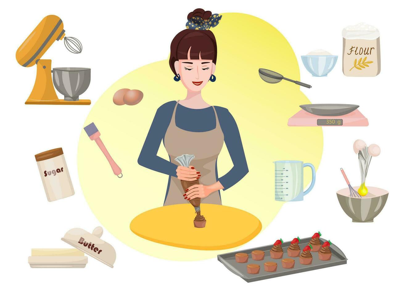 Woman making cupcakes. Confectioner at Work. Pastry shop, bakery, baker. Hobby. Cooking. Vector illustration