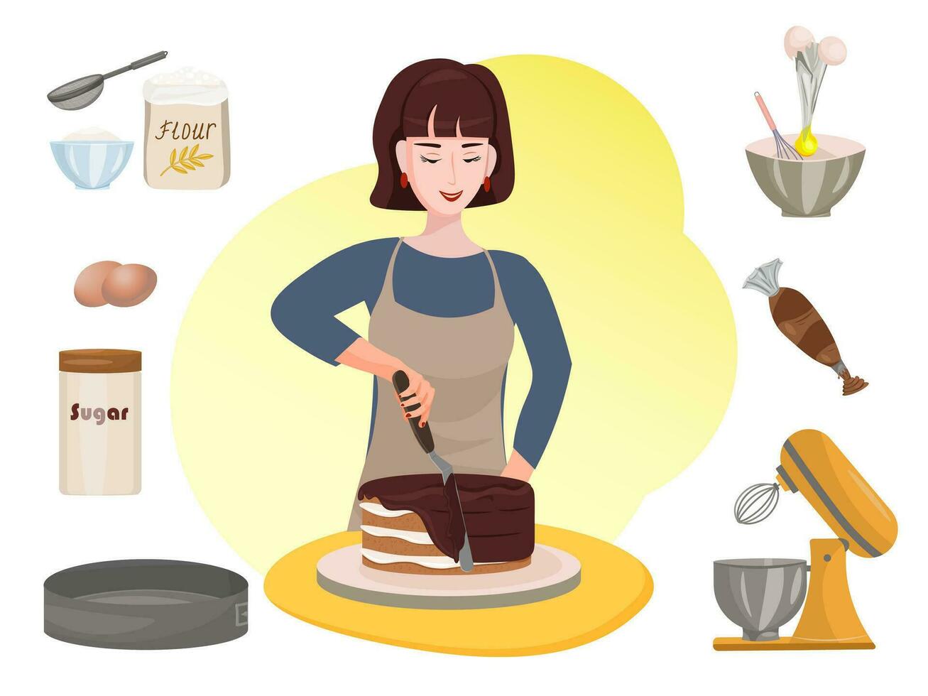The confectioner bakes a biscuit cake. A woman is preparing a dessert. Hobby. Bakery, confectionery, pastry shop. Baking tools and ingredients. Vector illustrating