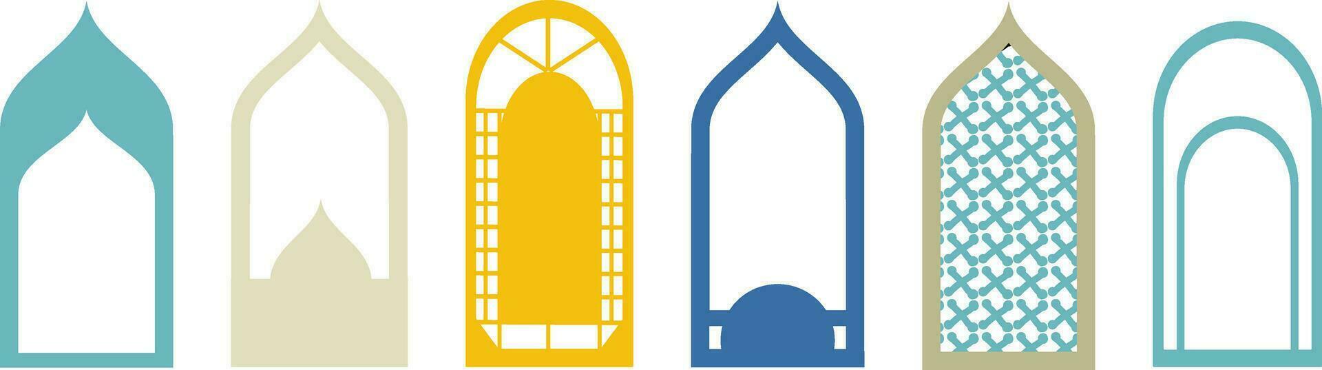 Set of colored and white silhouettes of Islamic windows.Arab frame set.Ramadan kareem simbol icon. vector