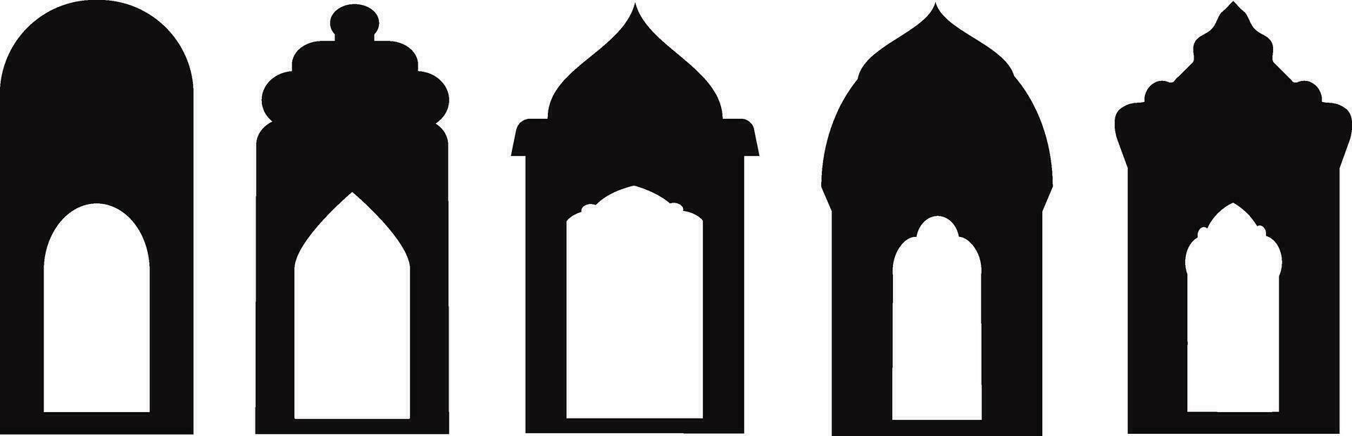 Set of black and white silhouettes of Islamic windows.Arab frame set.Ramadan kareem simbol icon. vector