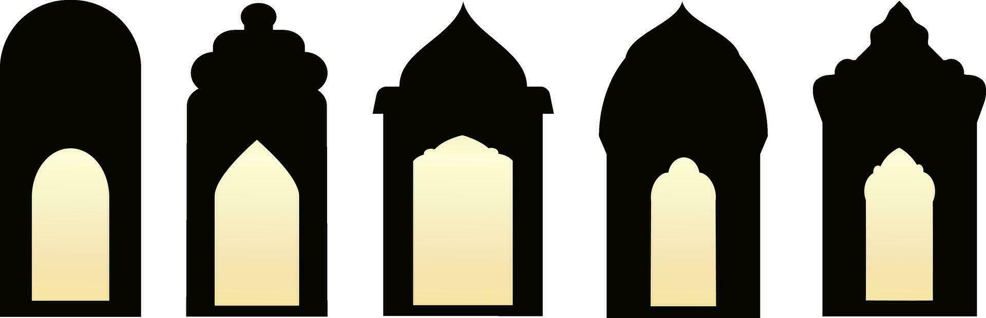 Set of black and white silhouettes of Islamic windows.Arab frame set.Ramadan kareem simbol icon. vector