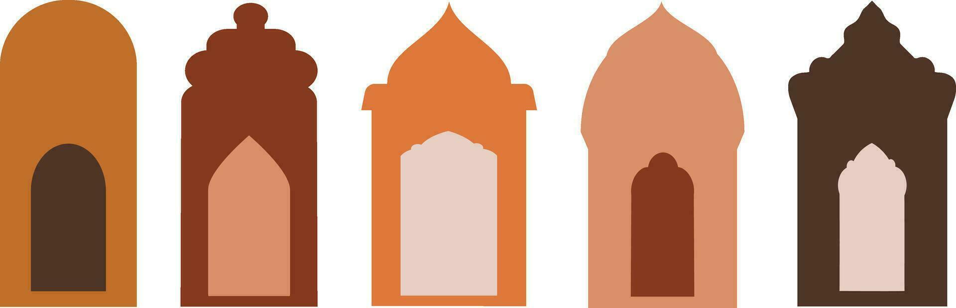 Set of colored and white silhouettes of Islamic windows.Arab frame set.Ramadan kareem simbol icon. vector